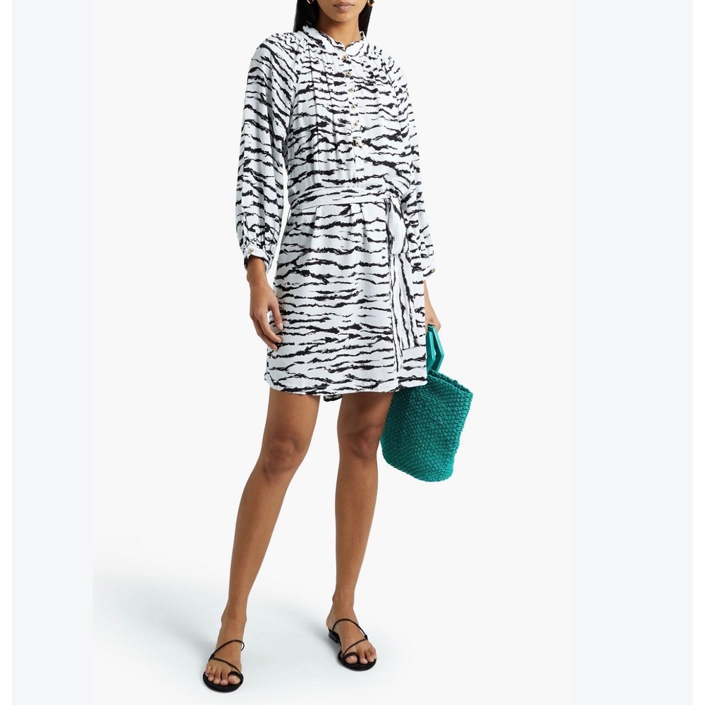 Melissa Odabash Zebra Print Mini Shirt Dress White Black Gold Buttons Small
